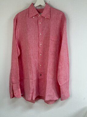 càrrel LUXURY TAILORING Mens Pink Linen Button Down Shirt Size 43/17 Long Sleeve
